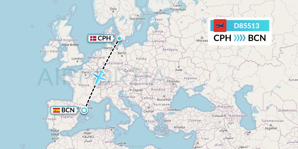 D85513 Norwegian Air International Flight Map: Copenhagen to Barcelona