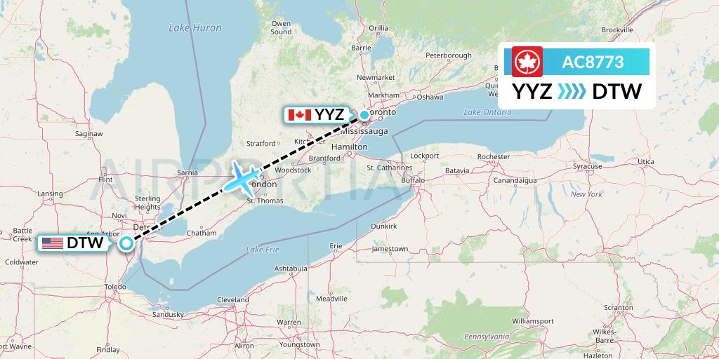 AC8773 Air Canada Flight Map: Toronto to Detroit