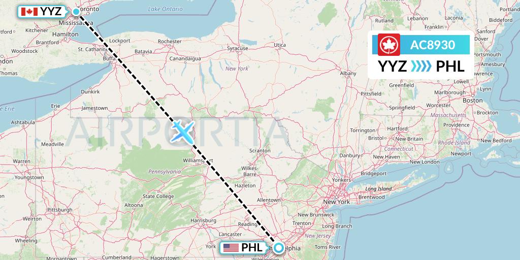 AC8930 Air Canada Flight Map: Toronto to Philadelphia