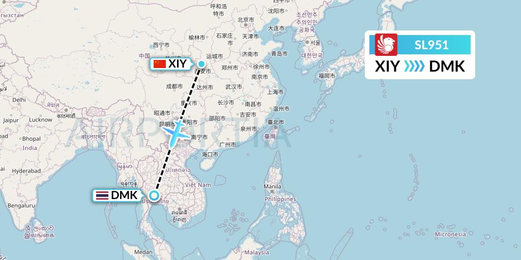 SL951 Thai Lion Air Flight Map: Xi'an to Bangkok