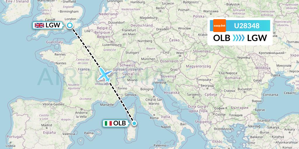 U28348 EasyJet Flight Map: Olbia to London
