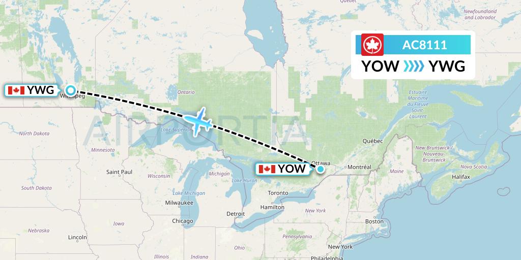 AC8111 Air Canada Flight Map: Ottawa to Winnipeg