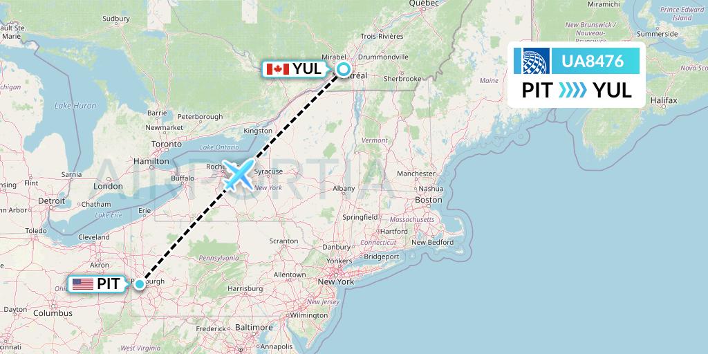 UA8476 United Airlines Flight Map: Pittsburgh to Montreal