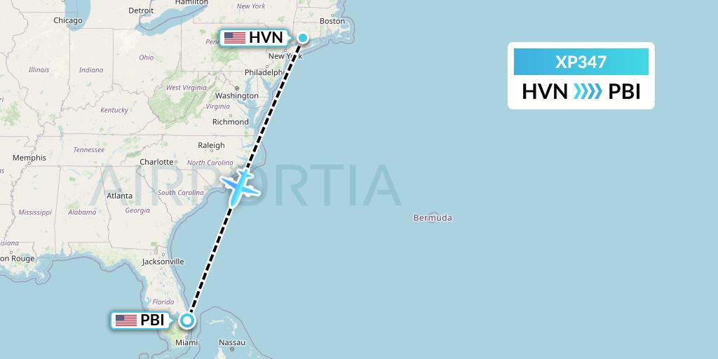 XP347 Avelo Airlines Flight Map: New Haven to West Palm Beach