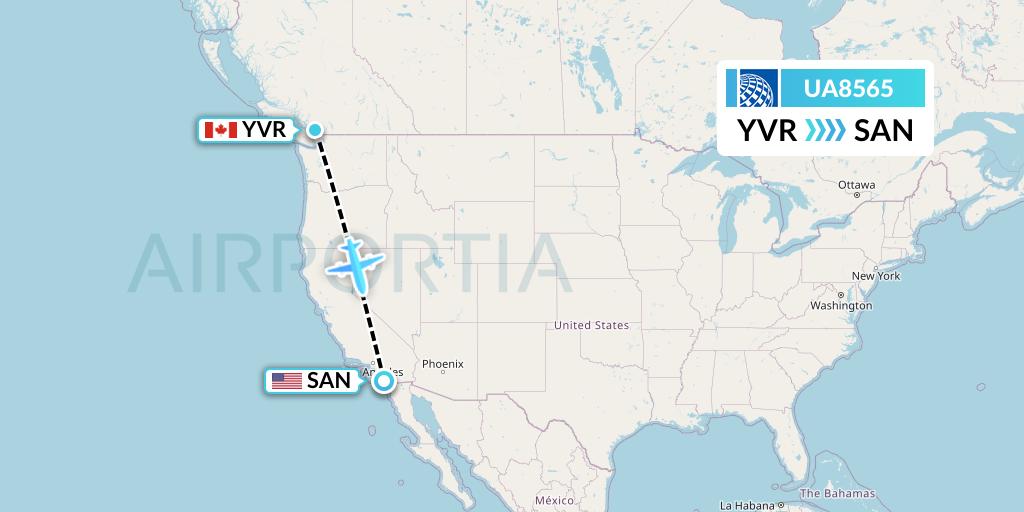 UA8565 United Airlines Flight Map: Vancouver to San Diego