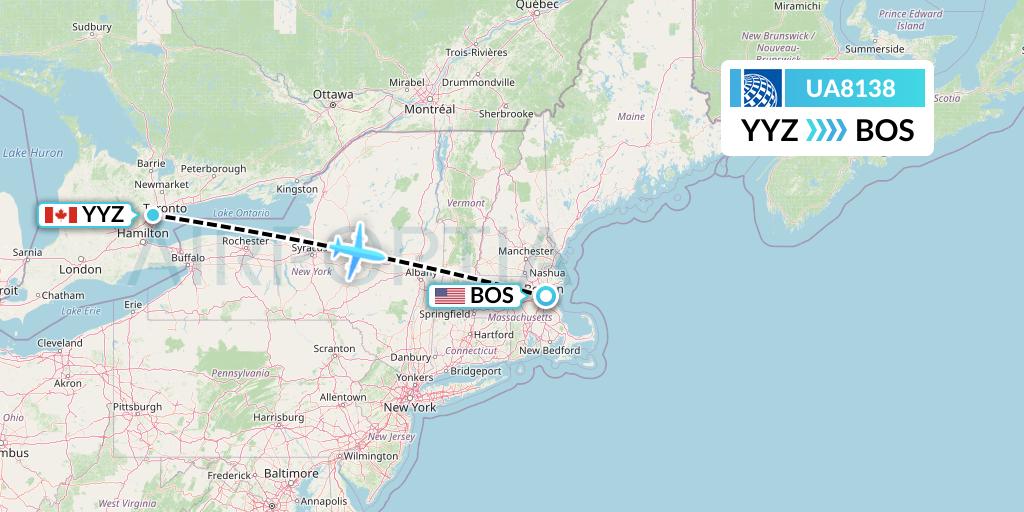 UA8138 United Airlines Flight Map: Toronto to Boston