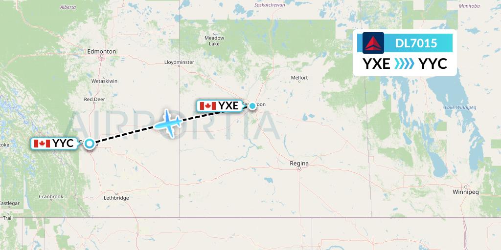 DL7015 Delta Air Lines Flight Map: Saskatoon to Calgary