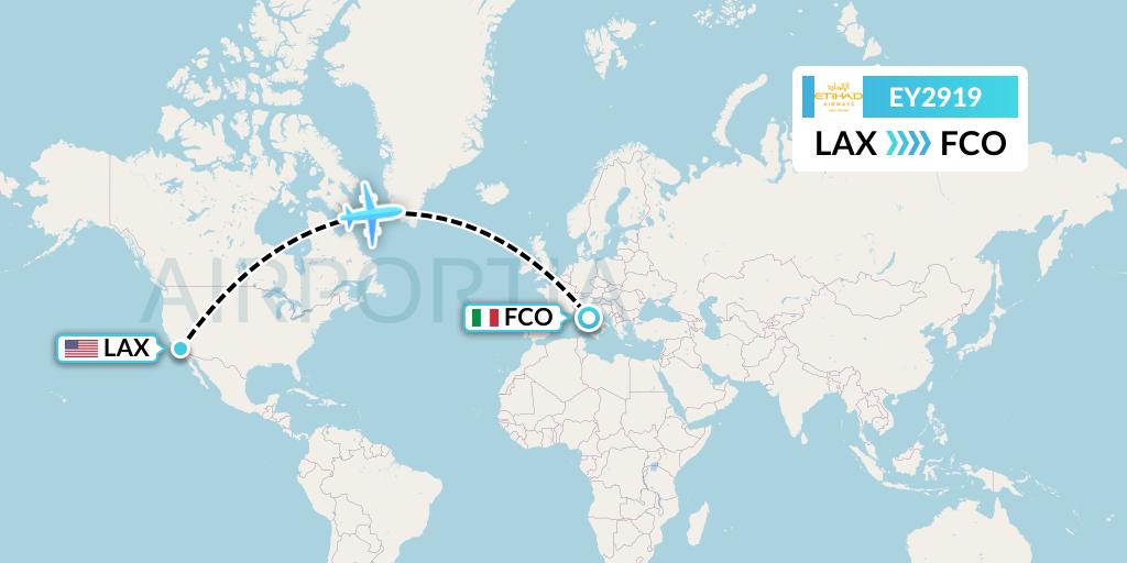 EY2919 Etihad Airways Flight Map: Los Angeles to Rome