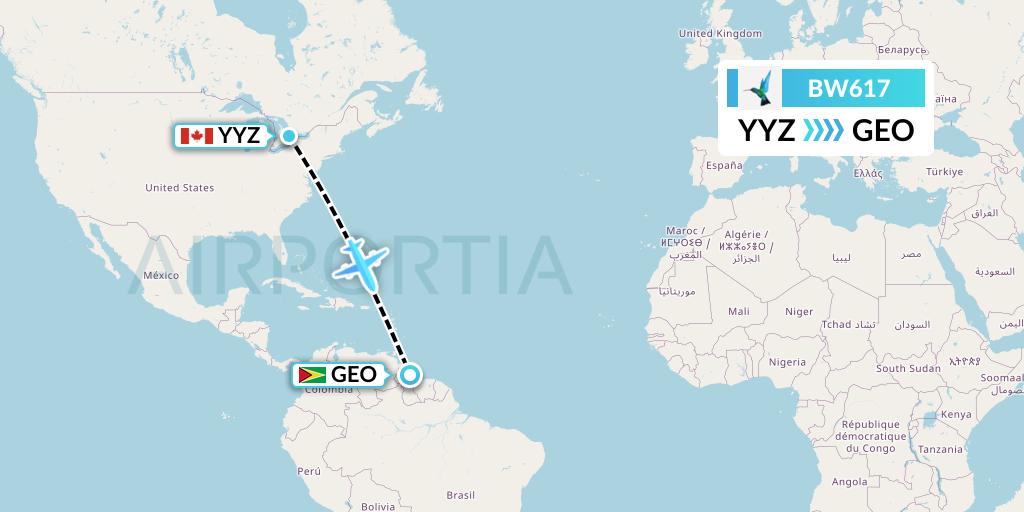 BW617 Caribbean Airlines Flight Map: Toronto to Georgetown