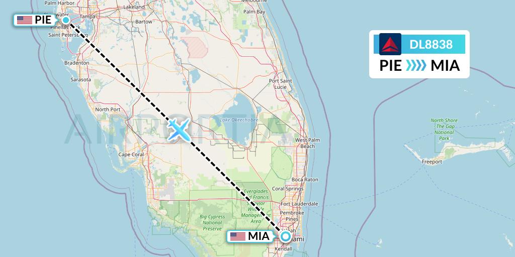 DL8838 Delta Air Lines Flight Map: St. Petersburg to Miami
