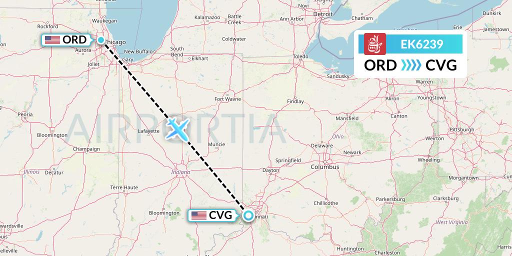 EK6239 Emirates Flight Map: Chicago to Cincinnati