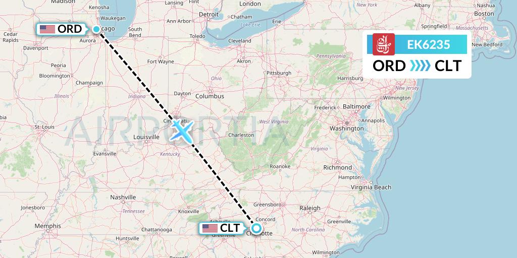 EK6235 Emirates Flight Map: Chicago to Charlotte