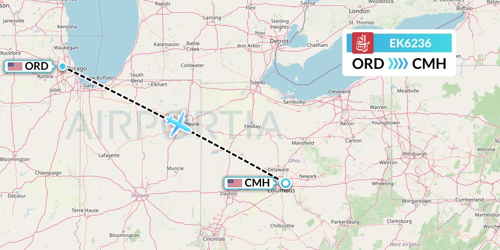 EK6236 Emirates Flight Map: Chicago to Columbus