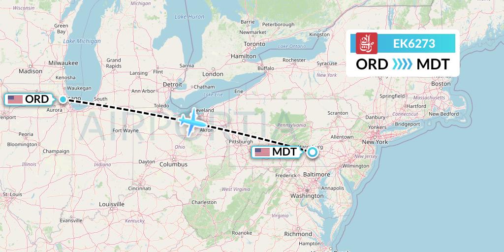 EK6273 Emirates Flight Map: Chicago to Harrisburg