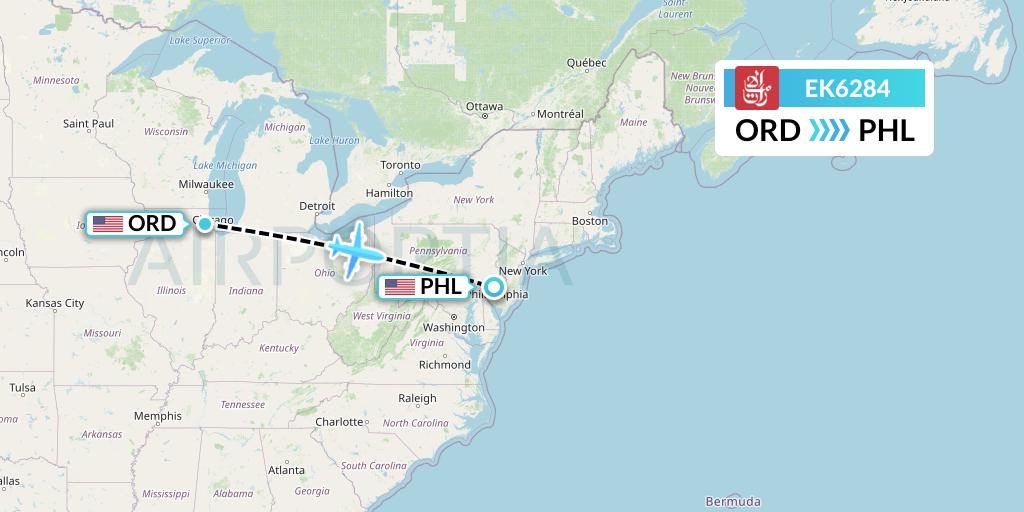 EK6284 Emirates Flight Map: Chicago to Philadelphia