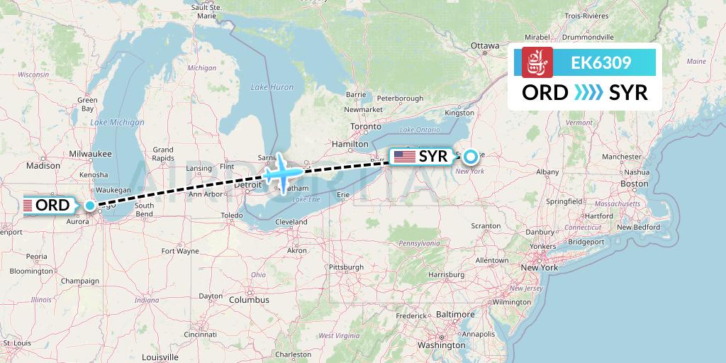 EK6309 Emirates Flight Map: Chicago to Syracuse