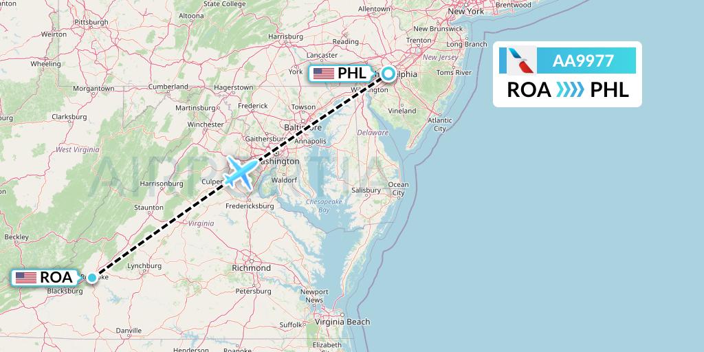 AA9977 American Airlines Flight Map: Roanoke to Philadelphia