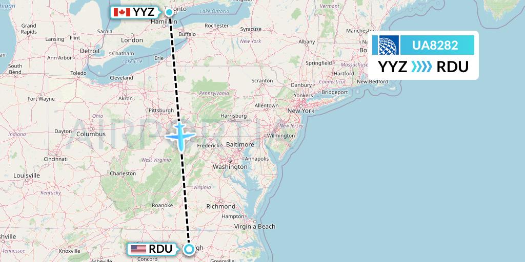 UA8282 United Airlines Flight Map: Toronto to Raleigh-Durham