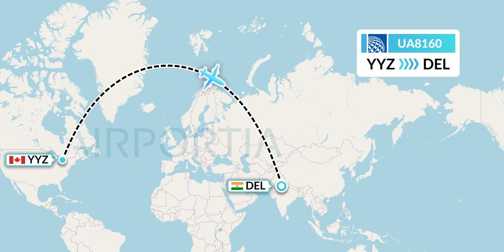 UA8160 United Airlines Flight Map: Toronto to Delhi