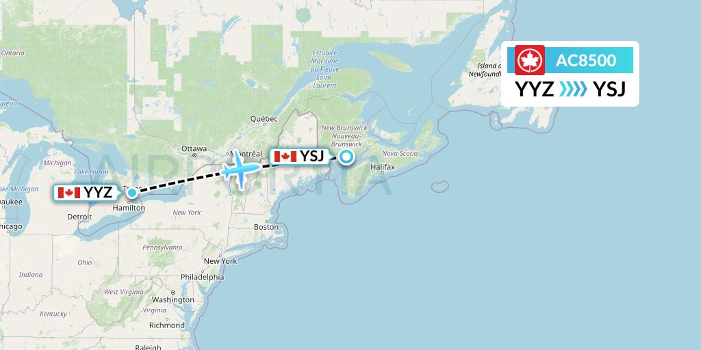 AC8500 Air Canada Flight Map: Toronto to Saint John