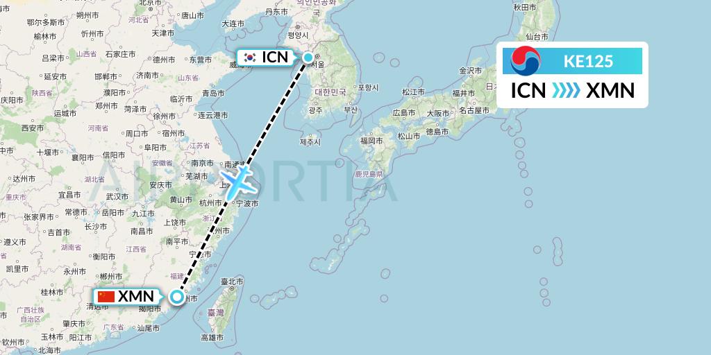 KE125 Korean Air Flight Map: Seoul to Xiamen
