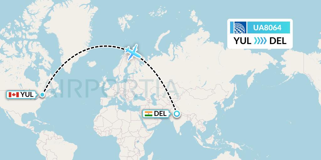 UA8064 United Airlines Flight Map: Montreal to Delhi