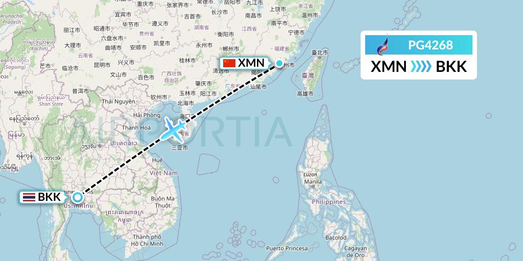 PG4268 Bangkok Airways Flight Map: Xiamen to Bangkok