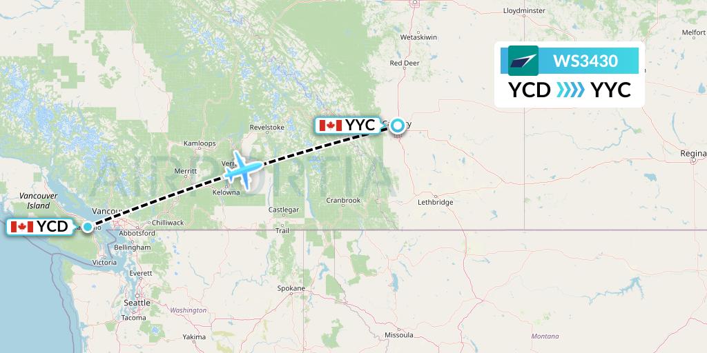 WS3430 WestJet Flight Map: Nanaimo to Calgary