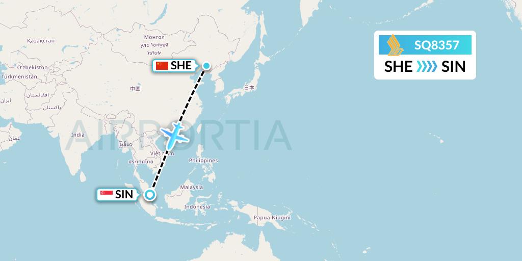 SQ8357 Singapore Airlines Flight Map: Shenyang to Singapore