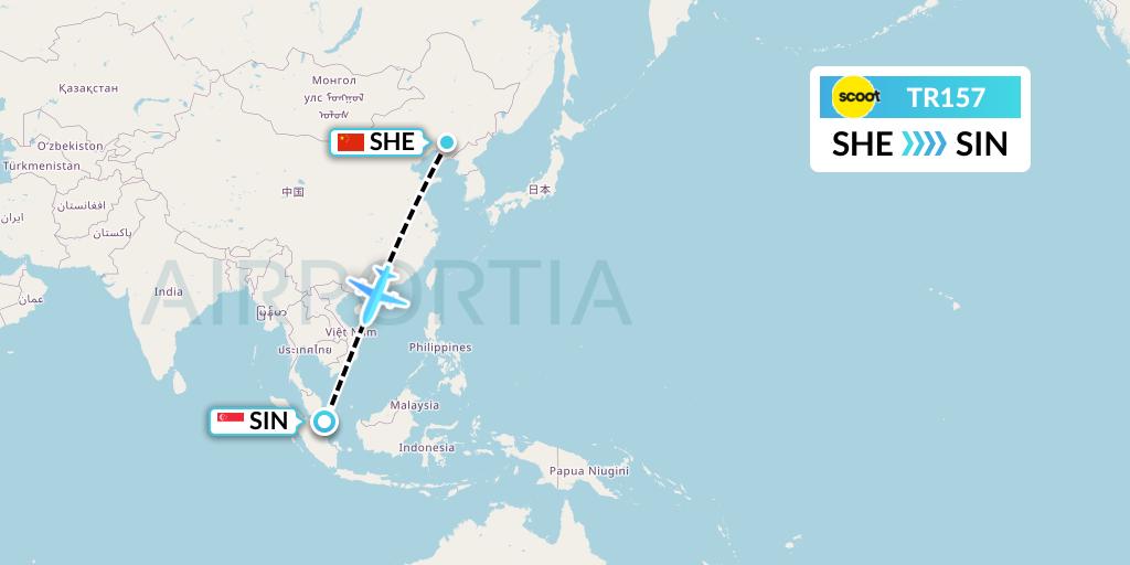 TR157 Tigerair Flight Map: Shenyang to Singapore