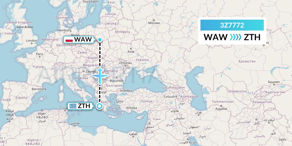 3Z7772 Travel Service Polska Flight Map: Warsaw to Zakynthos