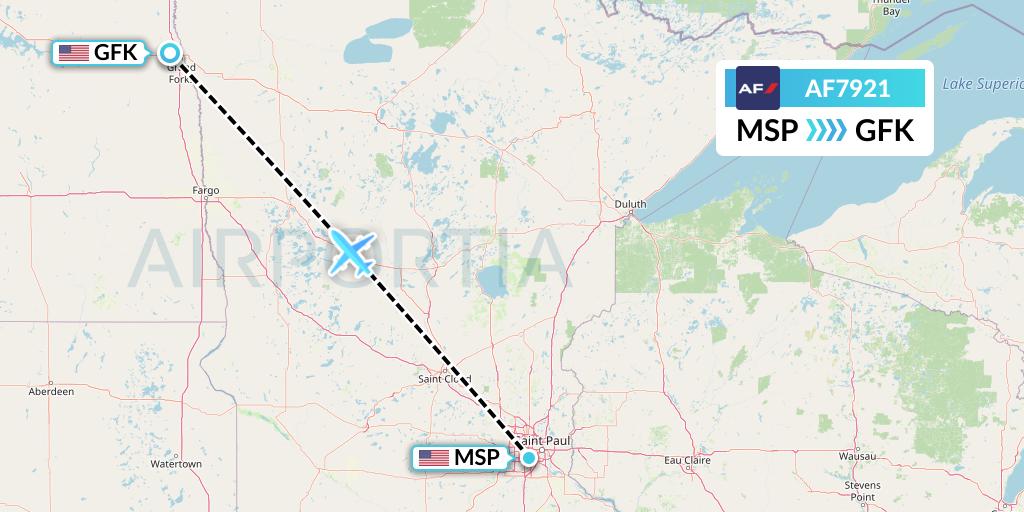 AF7921 Air France Flight Map: Minneapolis to Grand Forks