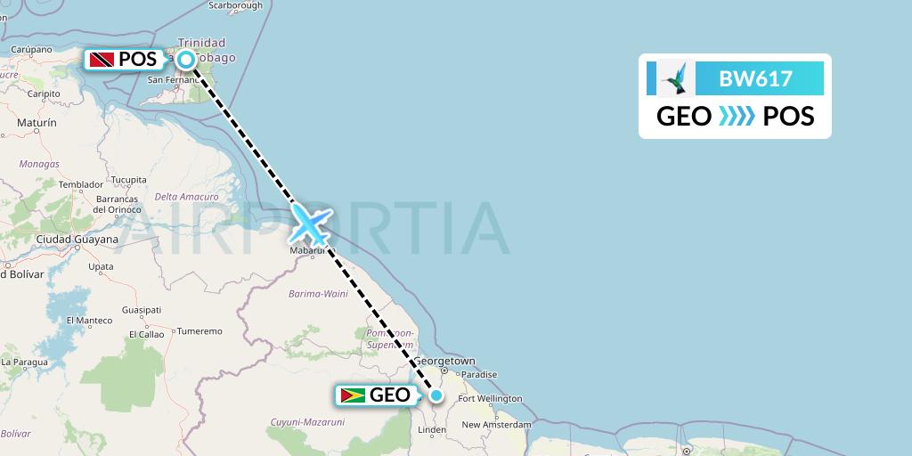 BW617 Caribbean Airlines Flight Map: Georgetown to Port of Spain