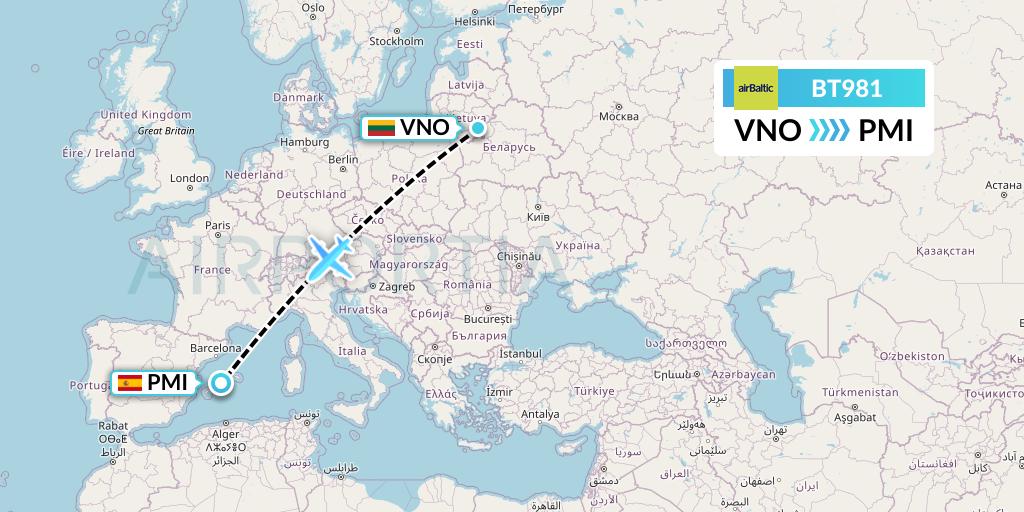 BT981 Air Baltic Flight Map: Vilnius to Palma de Mallorca