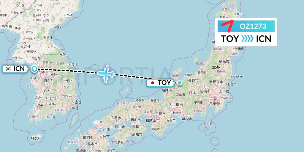 OZ1273 Asiana Airlines Flight Map: Toyama to Seoul