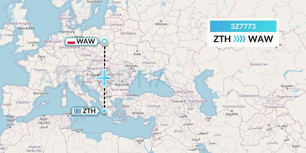 3Z7773 Travel Service Polska Flight Map: Zakynthos to Warsaw