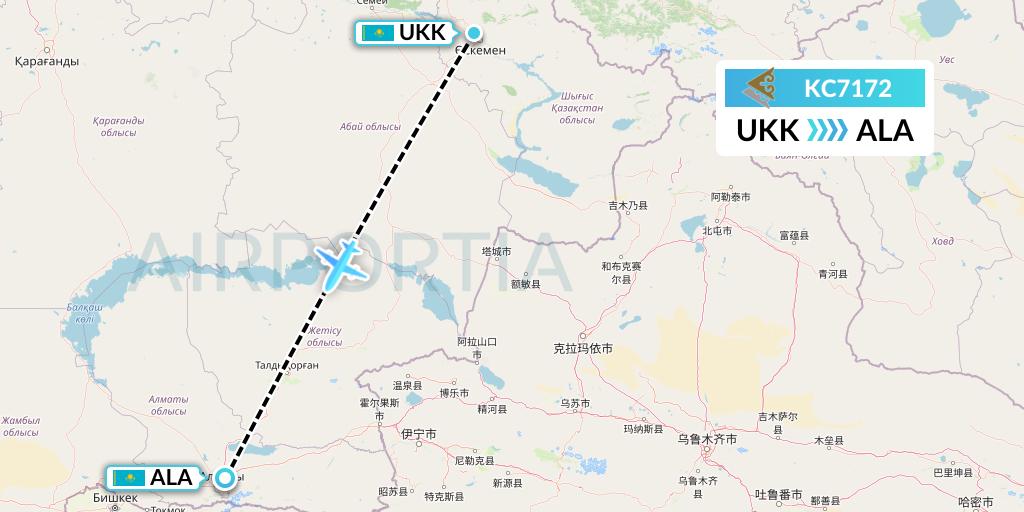 KC7172 Air Astana Flight Map: Oskemen to Almaty