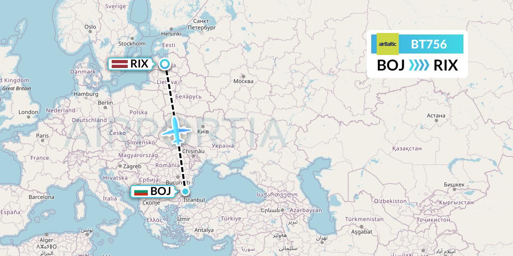 BT756 Air Baltic Flight Map: Burgas to Riga