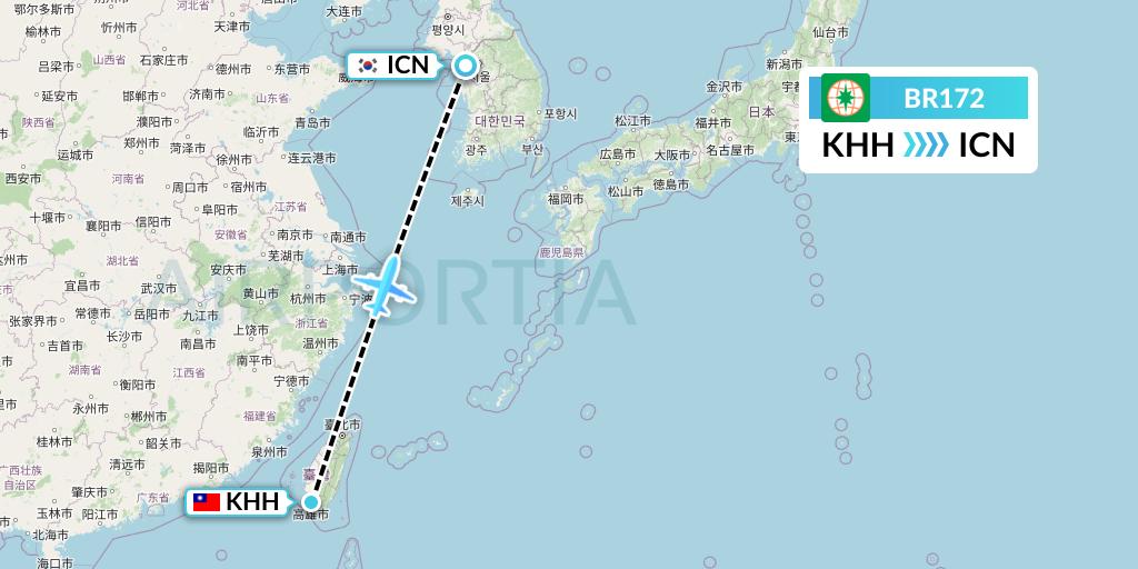 BR172 EVA Air Flight Map: Kaohsiung to Seoul