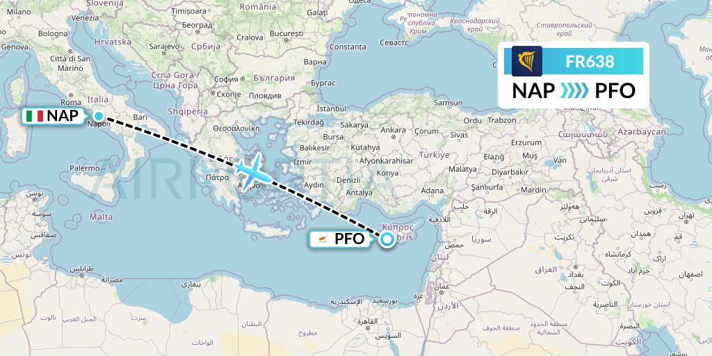 FR638 Ryanair Flight Map: Naples to Pafos