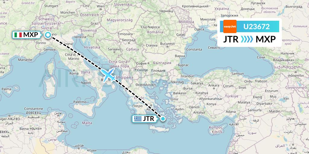 U23672 EasyJet Flight Map: Santorini to Milan