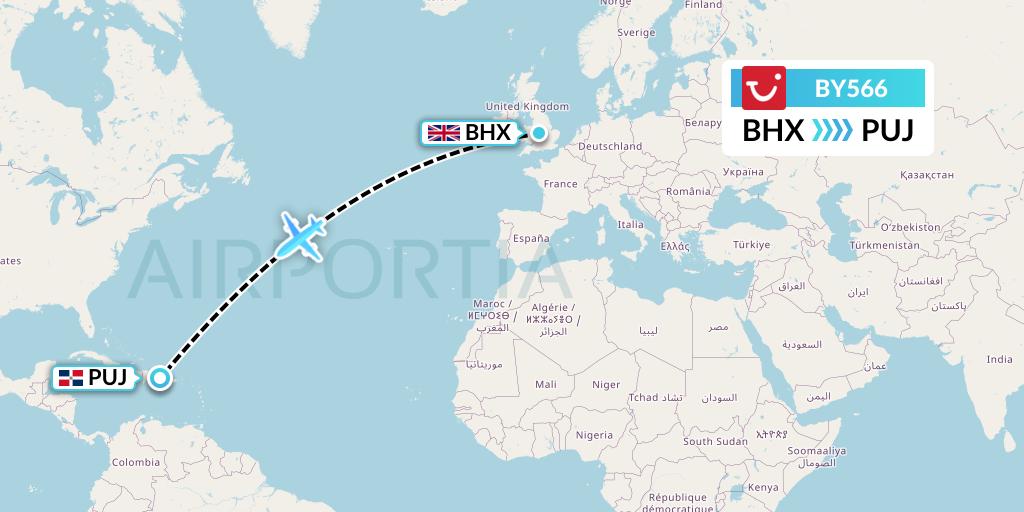 BY566 TUI Airways Flight Map: Birmingham to Punta Cana