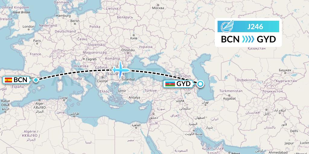 J246 Azerbaijan Airlines Flight Map: Barcelona to Baku
