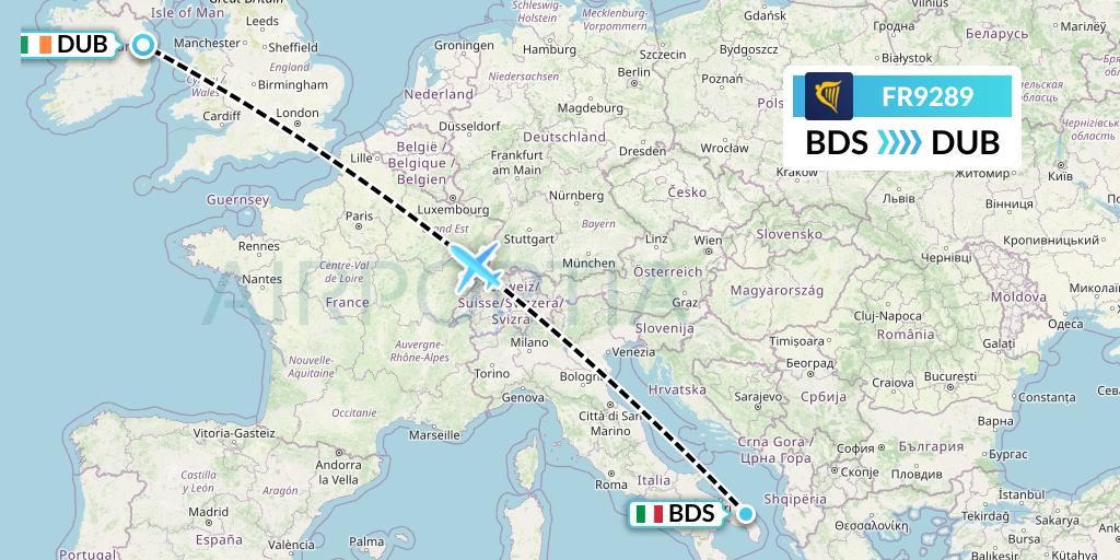 FR9289 Ryanair Flight Map: Brindisi to Dublin