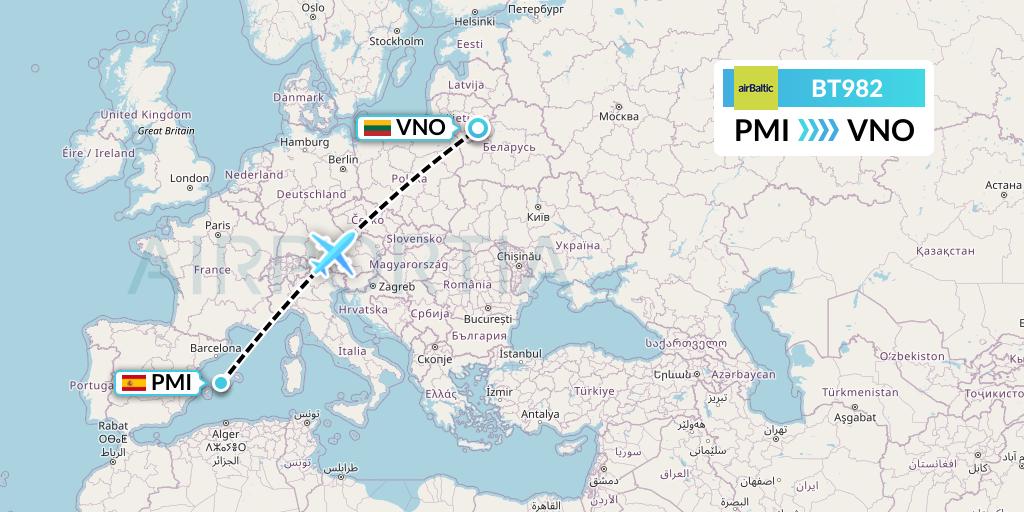 BT982 Air Baltic Flight Map: Palma de Mallorca to Vilnius