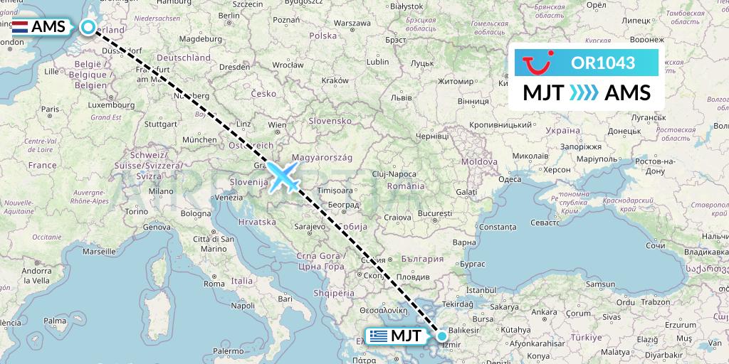 OR1043 TUI fly Netherlands Flight Map: Mytilene to Amsterdam