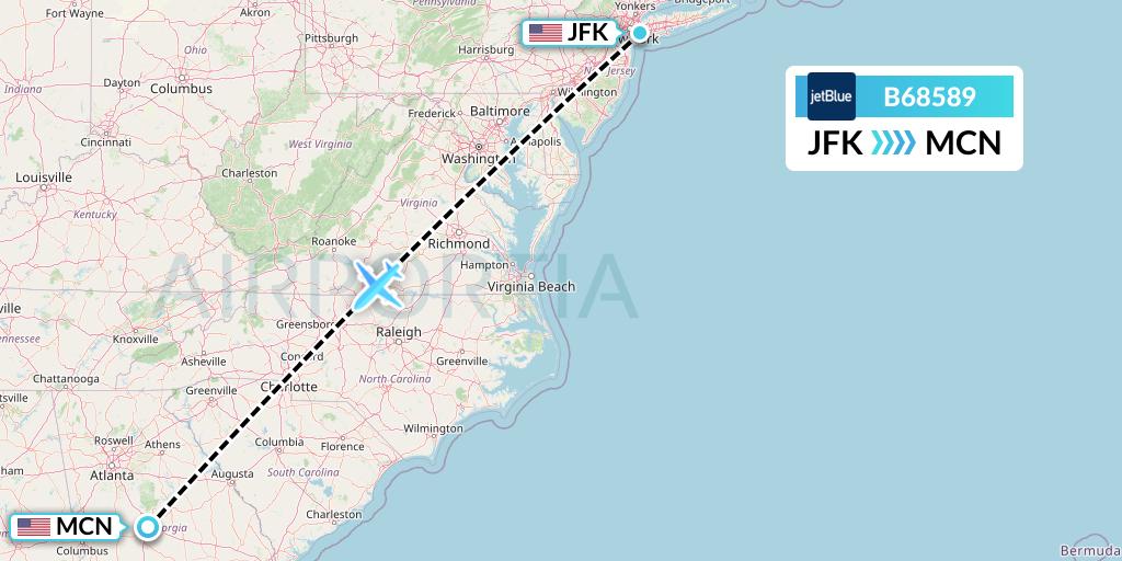 B68589 JetBlue Airways Flight Map: New York to Macon