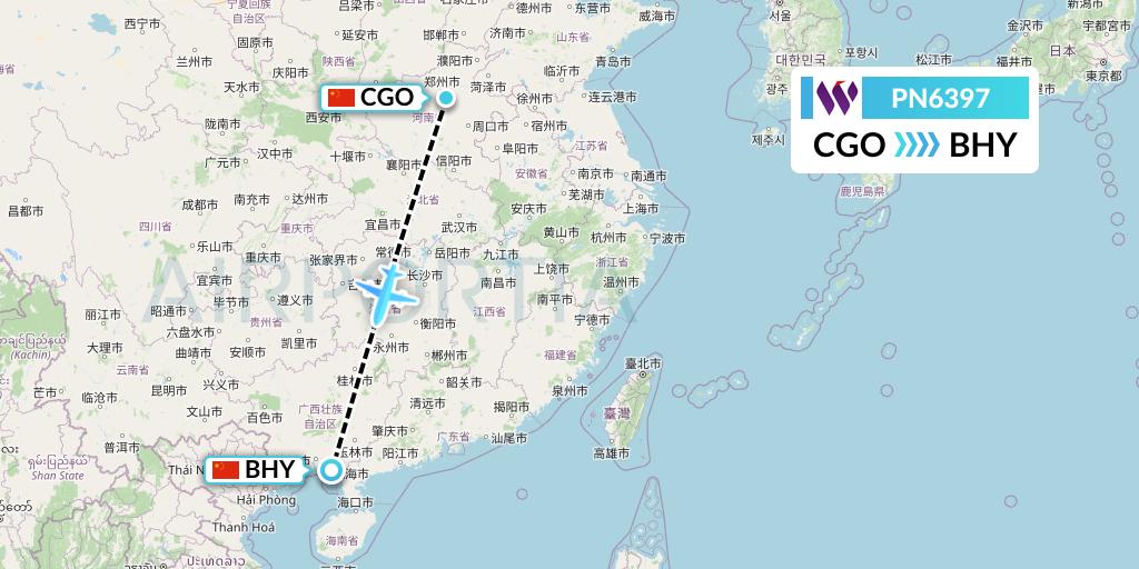 PN6397 China West Air Flight Map: Zhengzhou to Beihai