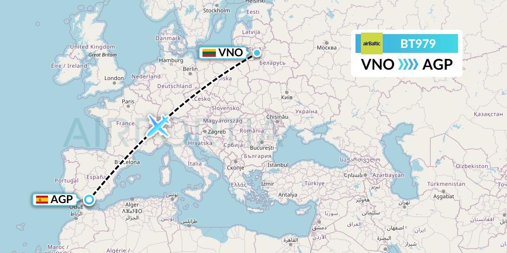 BT979 Air Baltic Flight Map: Vilnius to Malaga