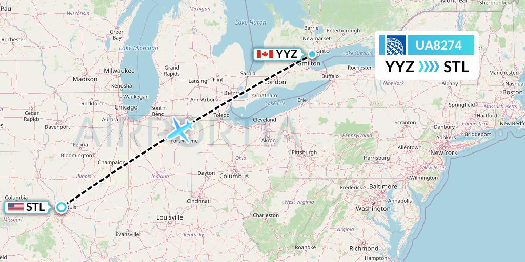 UA8274 United Airlines Flight Map: Toronto to St. Louis